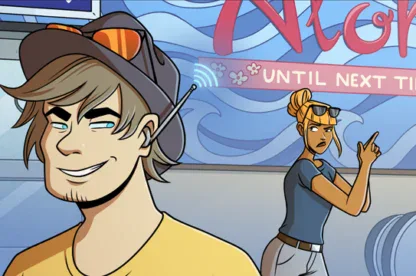 A man in a hat smirks at the foreground while a woman behind him points finger guns, looking suspicious, in front of a colorful "Until Next Time" sign.