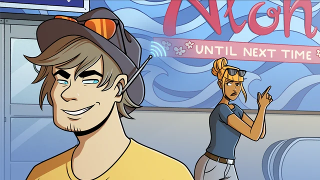 A man in a hat smirks at the foreground while a woman behind him points finger guns, looking suspicious, in front of a colorful "Until Next Time" sign.