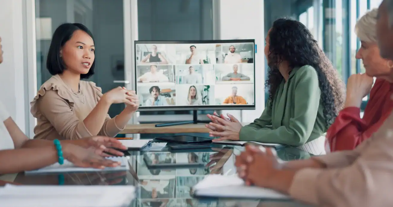 Discussion, team and video conference with screen and business people, online with business meeting and communication. Internet, webinar and online meeting, teamwork and collaboration on video call.