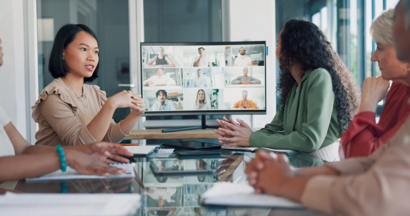 Discussion, team and video conference with screen and business people, online with business meeting and communication. Internet, webinar and online meeting, teamwork and collaboration on video call.
