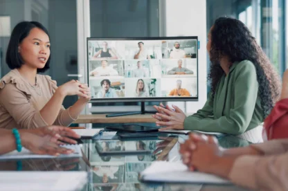 Discussion, team and video conference with screen and business people, online with business meeting and communication. Internet, webinar and online meeting, teamwork and collaboration on video call.