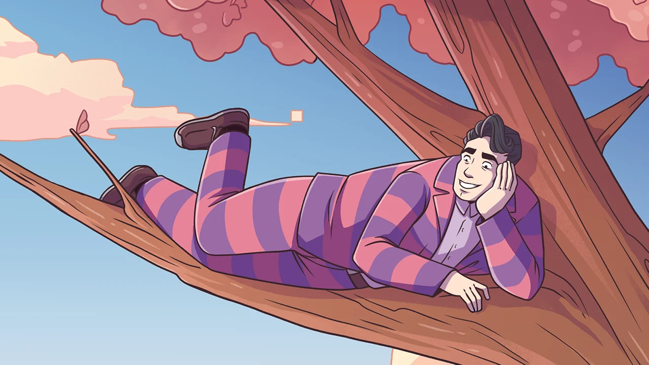 Data Dave laying in a tree in a pink and purple suit