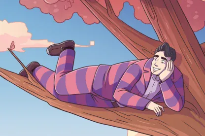 Data Dave laying in a tree in a pink and purple suit