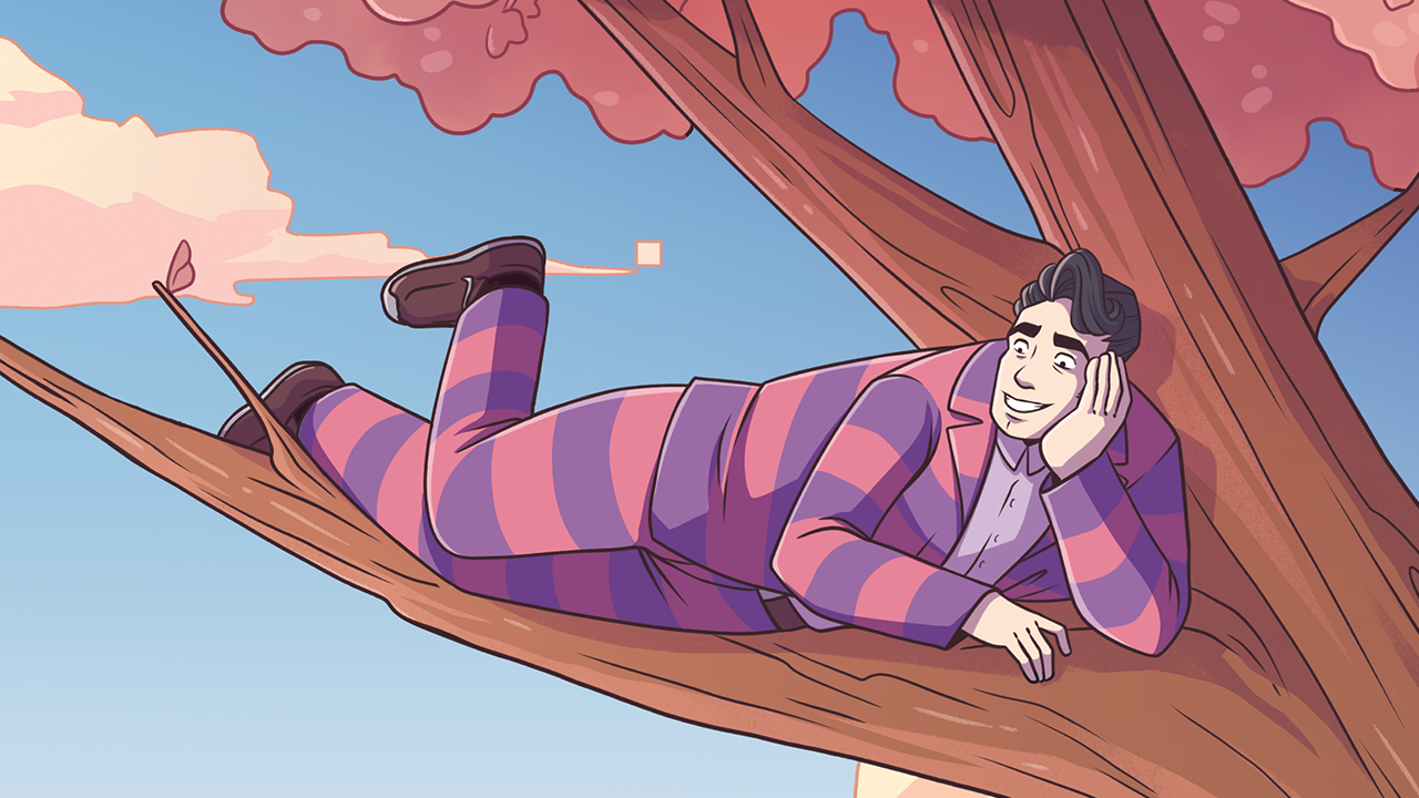 Data Dave laying in a tree in a pink and purple suit