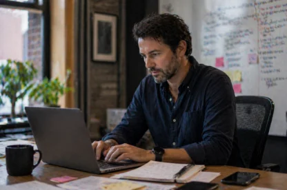 Man working at laptop in modern office reviewing data on screen with notes and coffee on desk