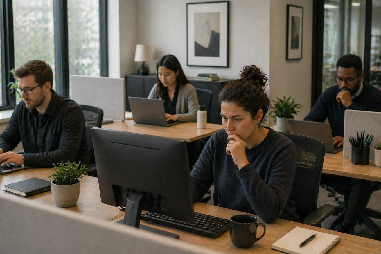 Employees working at computers in a modern open-plan office, with one woman thoughtfully looking at her monitor while others focus on their tasks