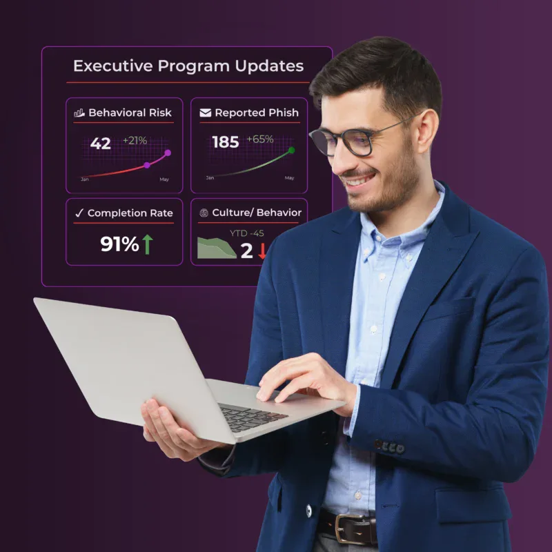 Professional reviewing cybersecurity dashboard with executive program updates, including phishing reports and behavioral risk metrics
