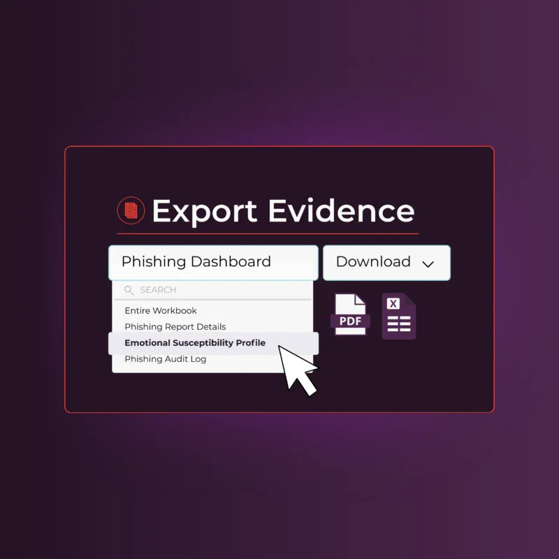 Cybersecurity dashboard export feature showing phishing reports and emotional susceptibility data available for download
