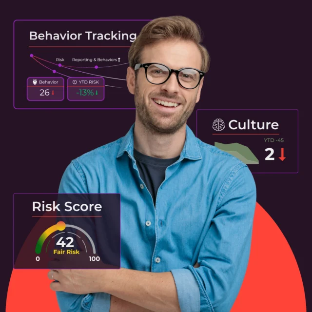 Smiling professional in front of cybersecurity dashboard showing behavior tracking and phishing risk score metrics