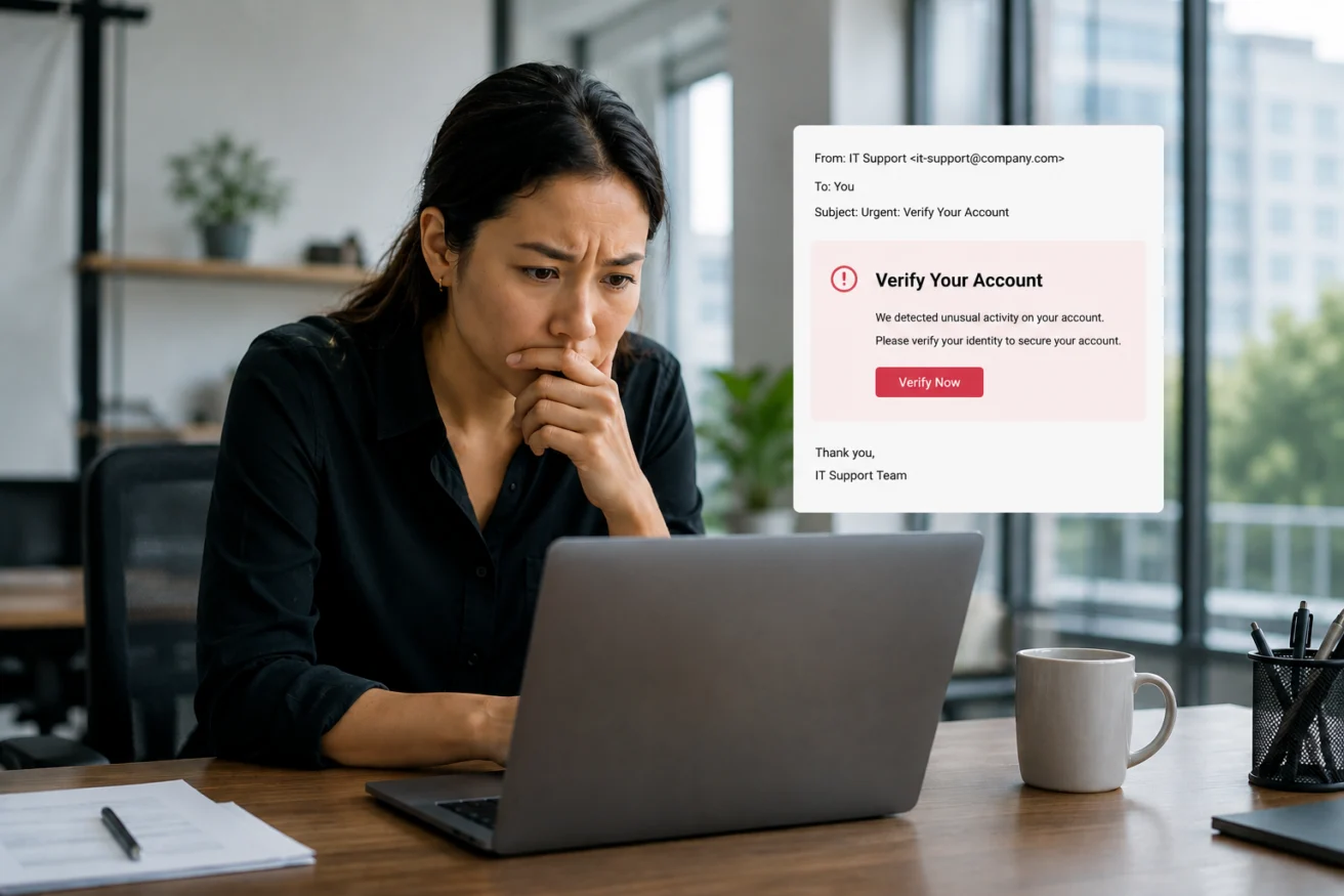 A woman sits at a desk looking concerned at her laptop screen, which displays a warning message asking her to verify her account due to unusual activity.