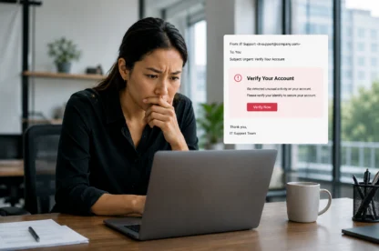 A woman sits at a desk looking concerned at her laptop screen, which displays a warning message asking her to verify her account due to unusual activity.
